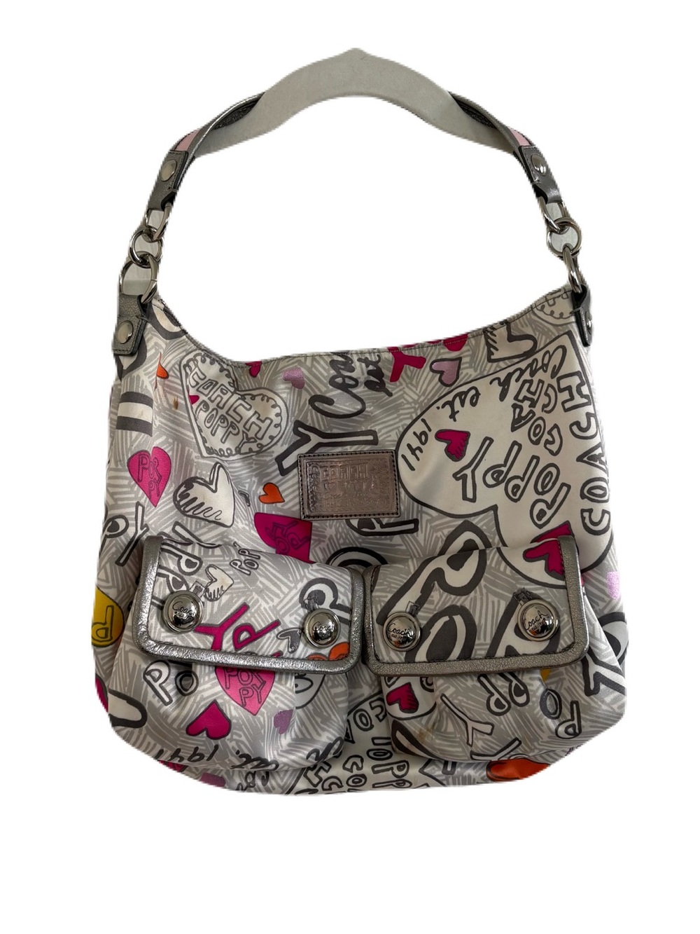 Coach White Graffiti Heart Print Hobo with Pink and Orange Accents